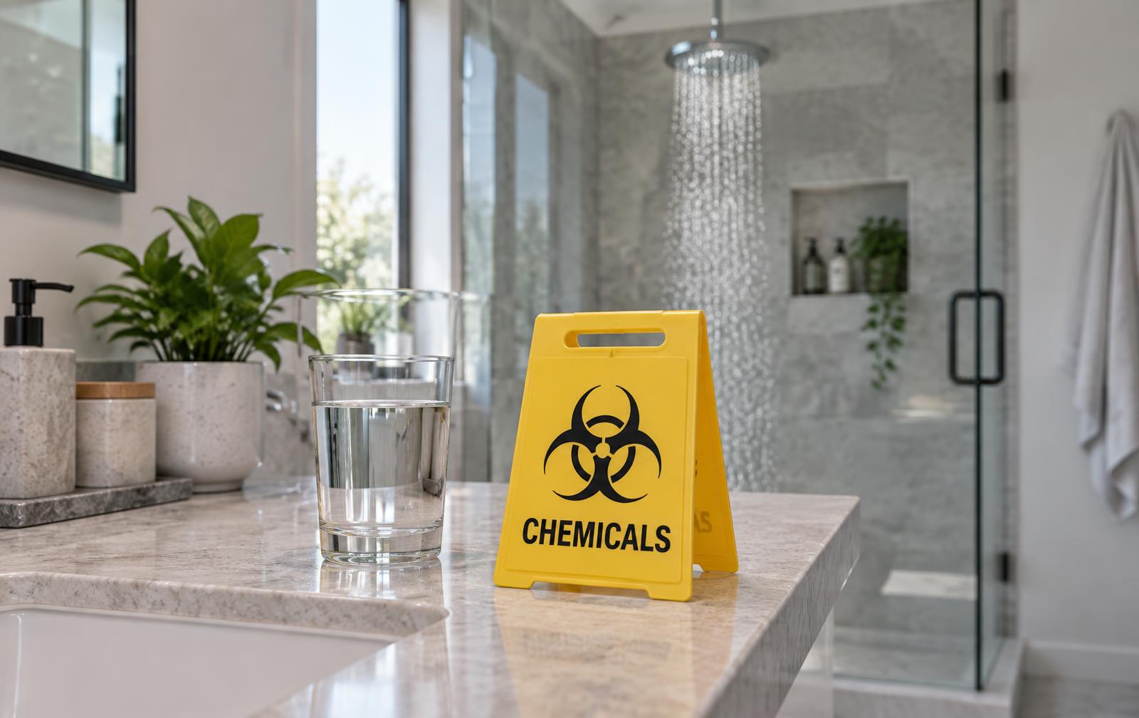 Glass of drinking water beside a chemicals warning label, with a shower in the background